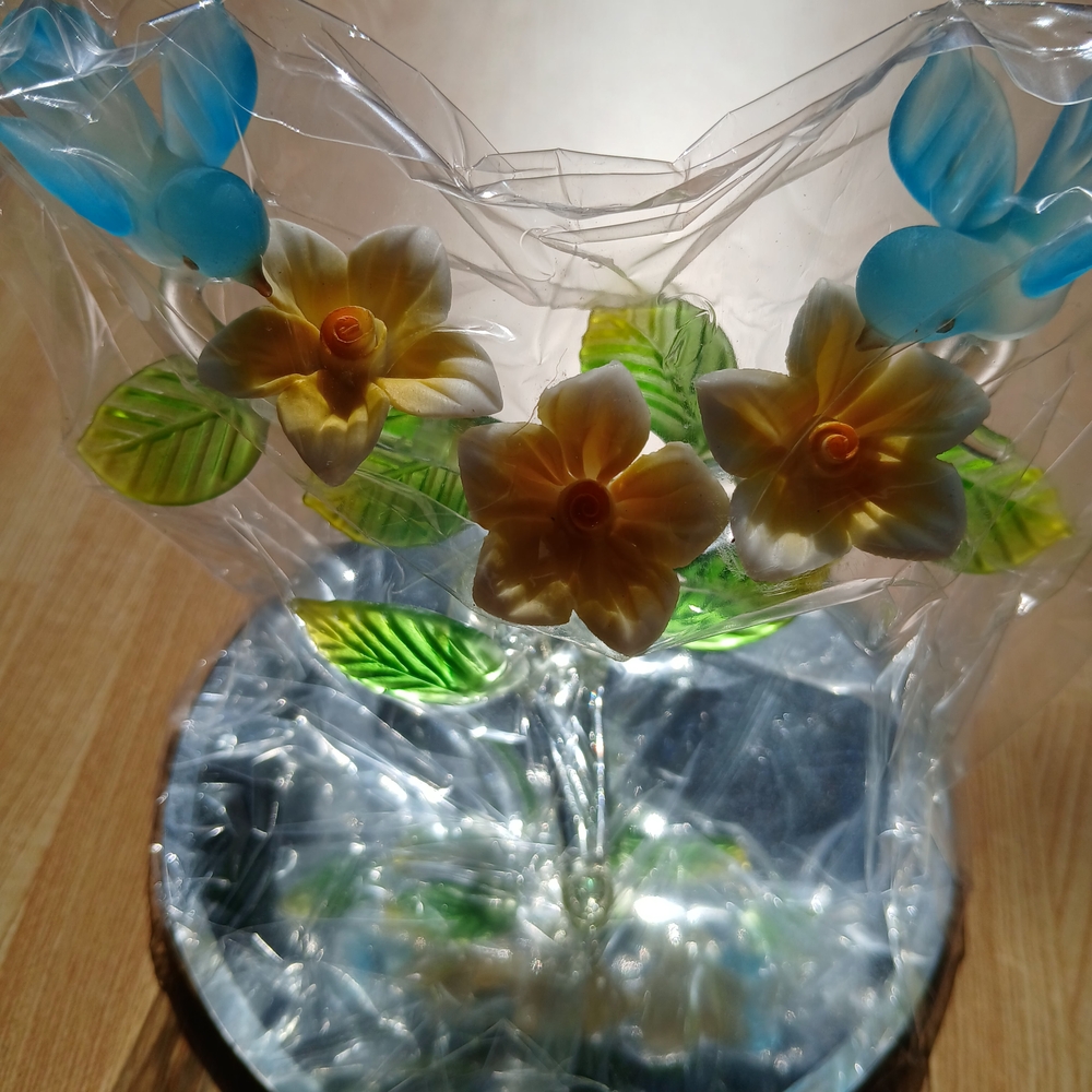 Floral Glass Art with Blue and Yellow Flowers